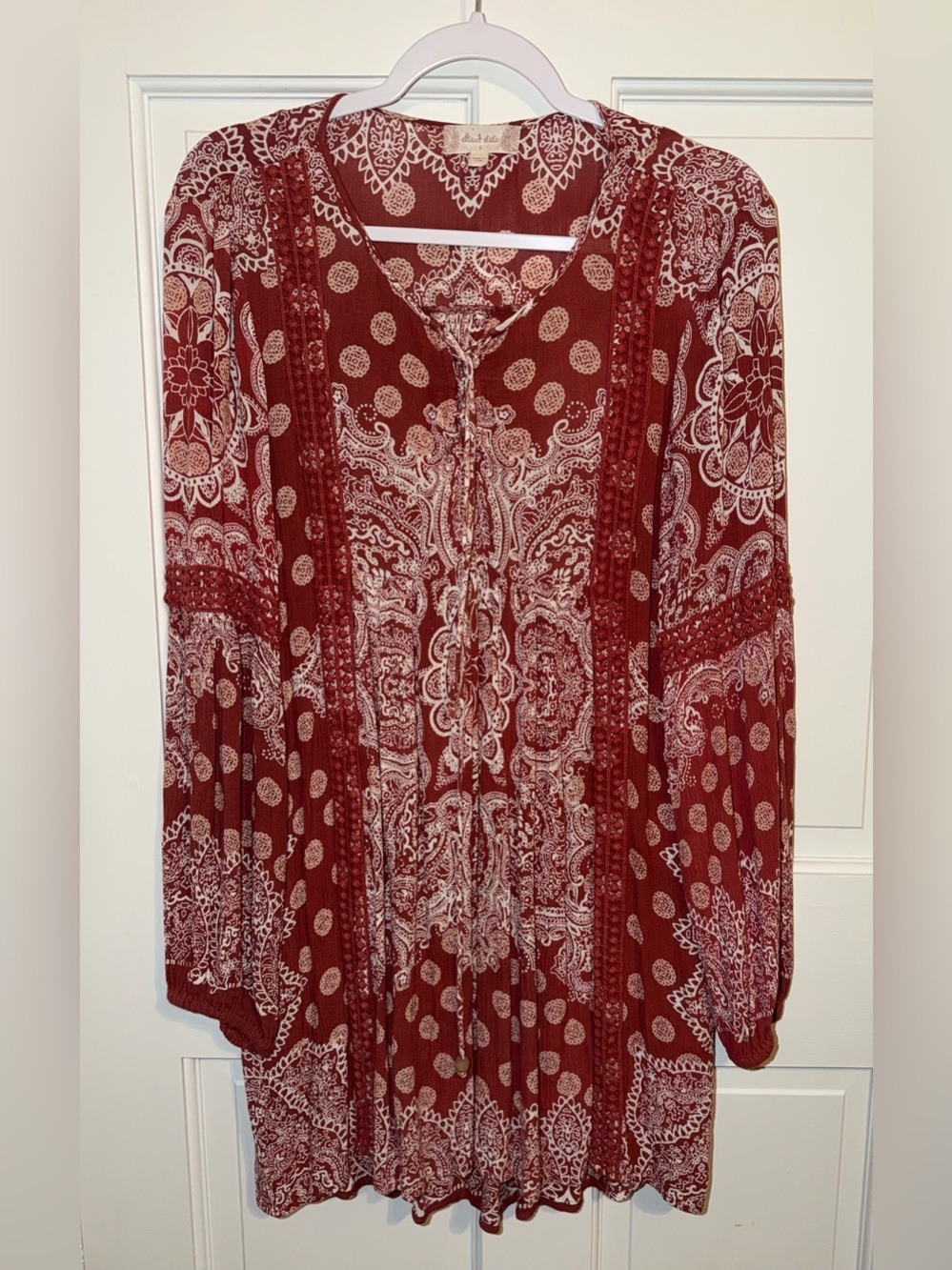 Altar’d State Bohemian Printed Tie-Neck Women's mini dress in Burgundy